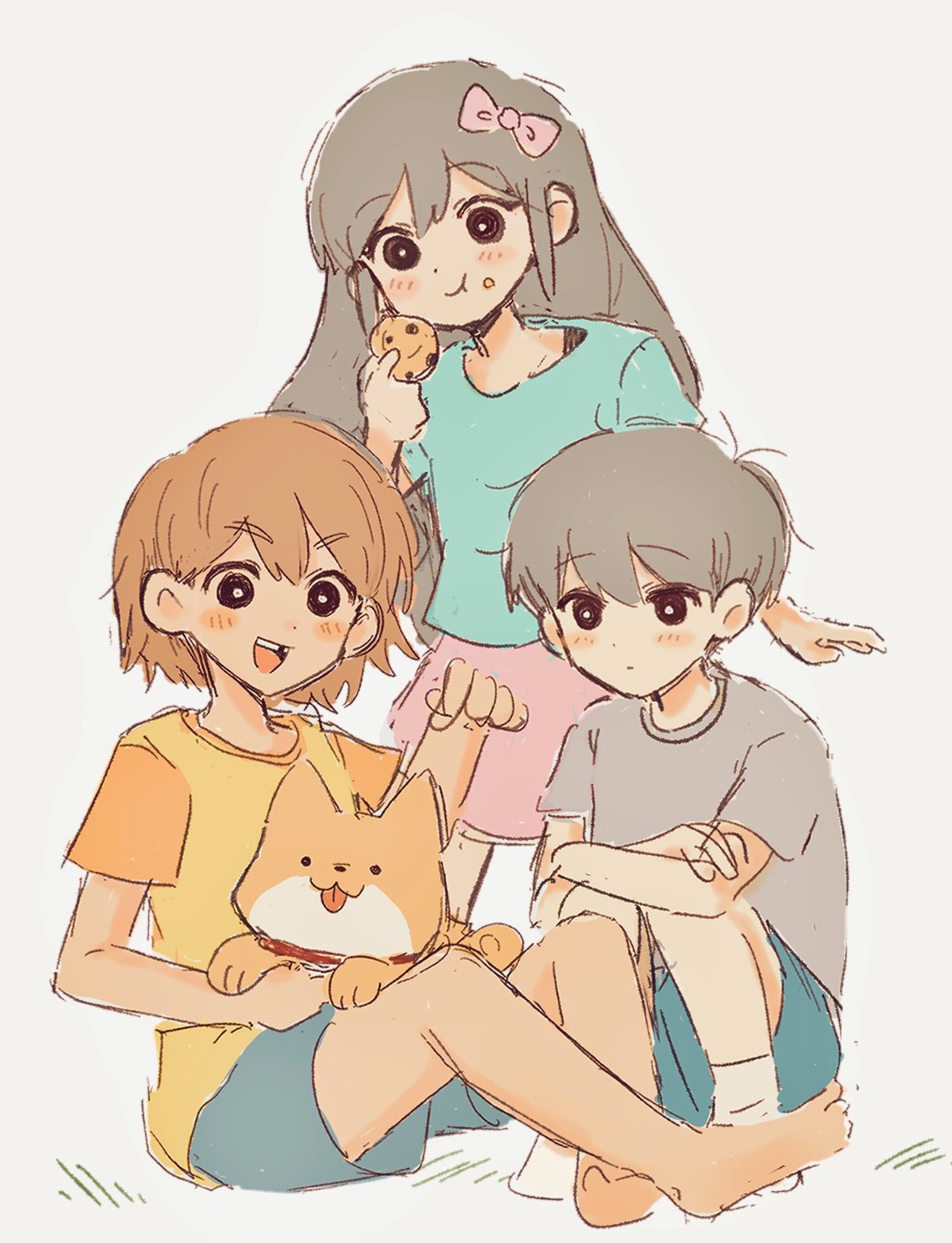 1girl, 2boys, aubrey_(faraway)_(omori), aubrey_(omori), barefoot, black_eyes, black_hair, blue_shirt