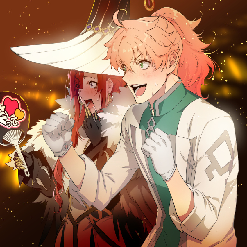 1boy, 1girl, ahoge, black_gloves, blue_eyes, blush, chaldea_logo, claws, coat, cowboy_shot, dangle_earrings, dress, earrings, fate/grand_order, fate_(series), feather_boa, gloves, gold_earrings, green_coat, green_eyes, hair_between_eyes, hand_fan, hands_up, hat, highres, holding, holding_fan, hoop_earrings, jewelry, kin_mokusei, long_hair, long_sleeves, looking_afar, miss_crane_(fate), miss_crane_(second_ascension)_(fate), multicolored_coat, open_mouth, orange_hair, ponytail, redhead, romani_archaman, sweat, teeth, two-tone_coat, white_background, white_coat, white_dress, white_hat, witch_hat