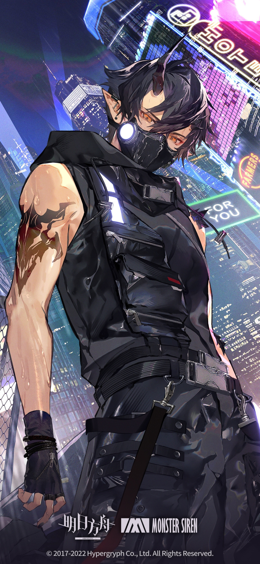 13yuefenle, 1boy, absurdres, arknights, arm_tattoo, bare_shoulders, belt, black_belt, black_gloves, black_hair, black_horns, black_mask, black_pants, black_shirt, bulletproof_vest, chinese_commentary, city, commentary_request, copyright_name, covered_mouth, cowboy_shot, eyeshadow, fingerless_gloves, flamebringer_(arknights), gas_mask, gloves, hair_between_eyes, highres, hood, hood_down, hooded_shirt, horns, jewelry, lens_flare, light, looking_at_viewer, makeup, male_focus, mask, mouth_mask, night, night_sky, official_alternate_costume, official_art, orange_eyes, outdoors, pants, pointy_ears, red_eyeshadow, ring, shirt, short_hair, single_horn, sky, sleeveless, sleeveless_shirt, solo, tan, tattoo