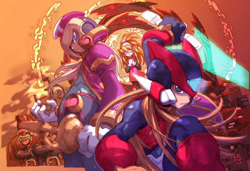 1girl, 2boys, absurdres, android, archived_source, armor, blonde_hair, blue_eyes