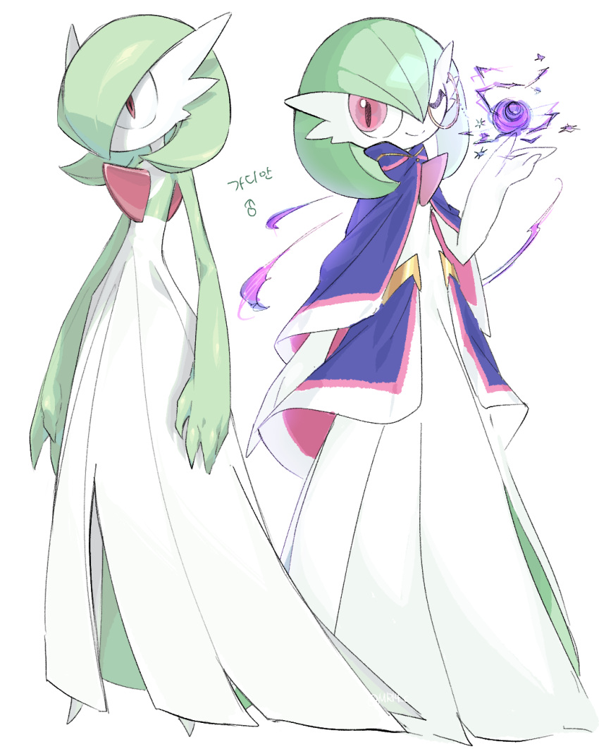 bob_cut, colored_skin, dress, gardevoir, gardevoir_(sacred), green_hair, hair_over_one_eye, highres, looking_at_viewer, monocle, multicolored_skin, one_eye_closed, pink_eyes, pokemon, pokemon_(creature), pokemon_unite, simple_background, sok_(mr14_c), two-tone_skin, white_background, white_dress, white_skin
