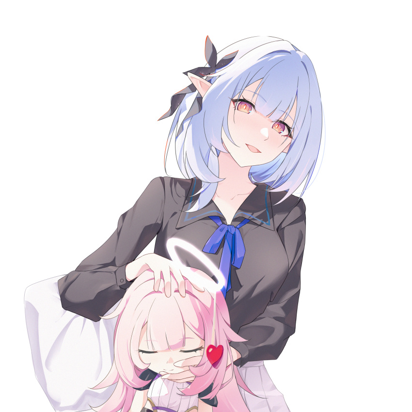 1059980858, 2girls, absurdres, black_shirt, blue_bow, blue_bowtie, blue_hair, bow, bowtie, breasts, closed_eyes, collarbone, collared_shirt, elf, elf_elysia, elysia_(honkai_impact), hair_ornament, halo, heart, herrscher_of_corruption, highres, honkai_(series), honkai_impact_3rd, long_hair, looking_at_viewer, multiple_girls, open_mouth, orange_eyes, pink_hair, pointy_ears, shirt, white_background