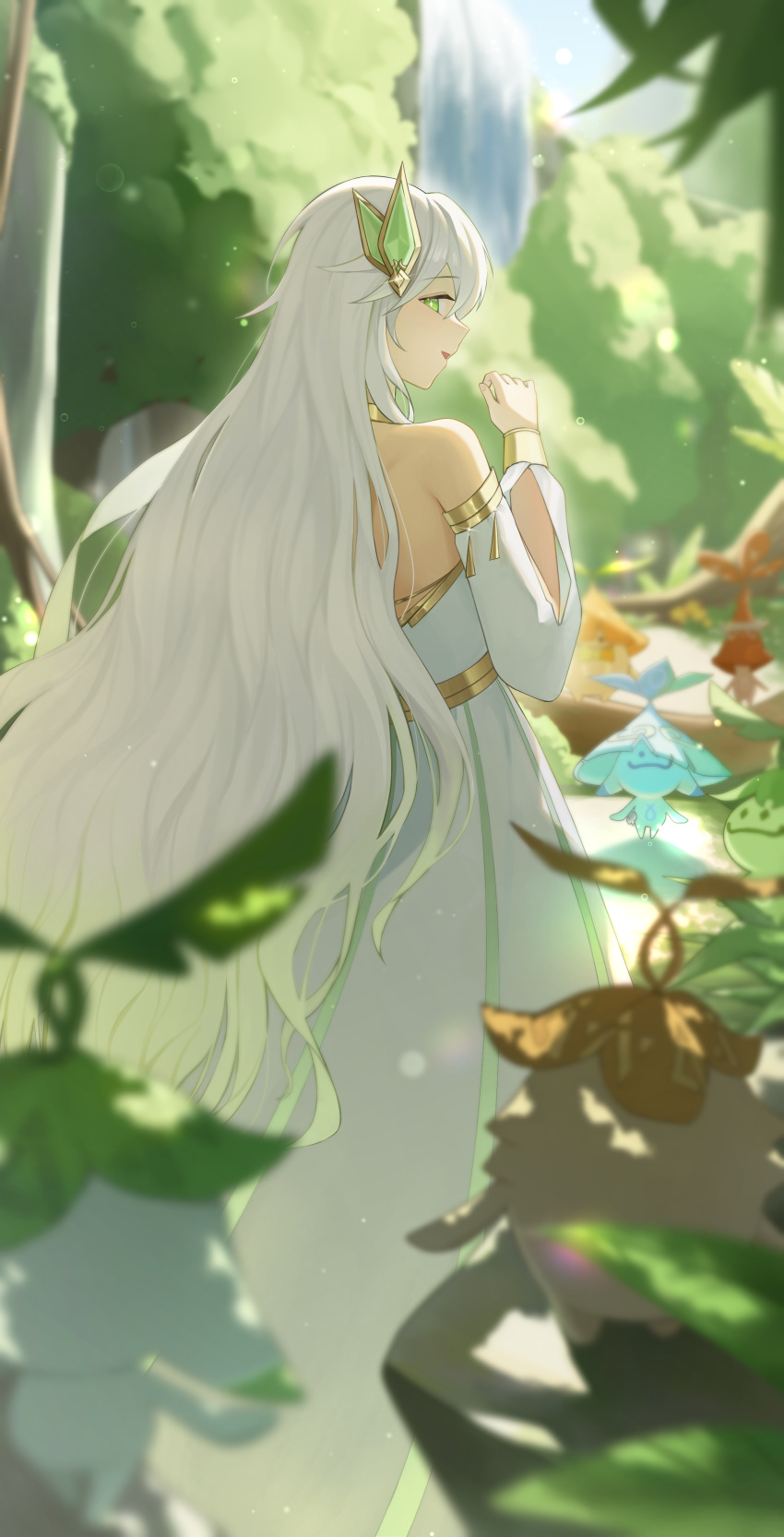 absurdres, akasha_terminal, artist_request, cape, character_request, check_character, commentary_request, cosplay, cross-shaped_pupils, dress, focalors_(genshin_impact), focalors_(genshin_impact)_(cosplay), genshin_impact, goddess_of_flowers_(genshin_impact), gold_choker, gold_collar, gradient_hair, green_cape, green_sleeves, hair_ornament, highres, king_deshret_(genshin_impact), leaf_hair_ornament, md5_mismatch, multicolored_hair, pointy_ears, rukkhadevata_(genshin_impact), rukkhadevata_(genshin_impact)_(cosplay), staff_of_the_scarlet_sands_(genshin_impact), stirrup_footwear, stirrup_legwear, symbol-shaped_pupils, third-party_edit, toeless_legwear, white_dress