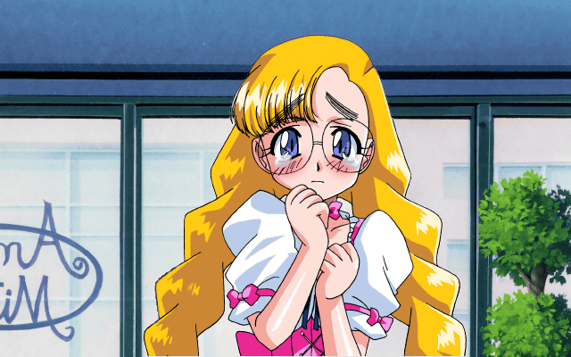1girl, 2000, animated, animated_gif, anna_miller, blonde_hair, blue_eyes, blush