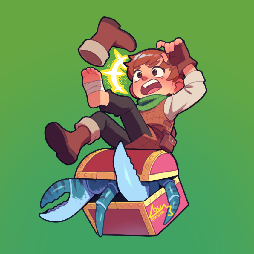 1boy, absurdres, artist_name, bandaged_foot, bandages, boots, brown_eyes, brown_hair