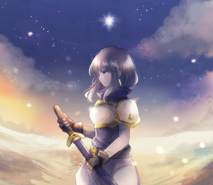 1girl, armor, belt, black_hair, breastplate, clouds, dusk, earrings