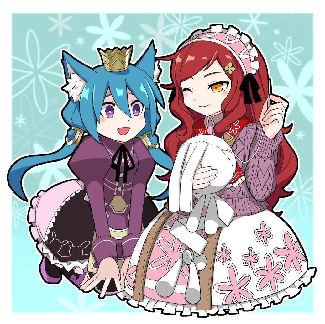 2girls, 7th_dragon, 7th_dragon_(series), :d, ;), animal_ear_fluff, black_ribbon, blush