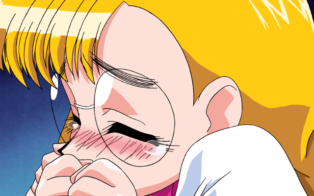1girl, 2000, animated, animated_gif, anna_miller, blonde_hair, blue_background, blue_eyes