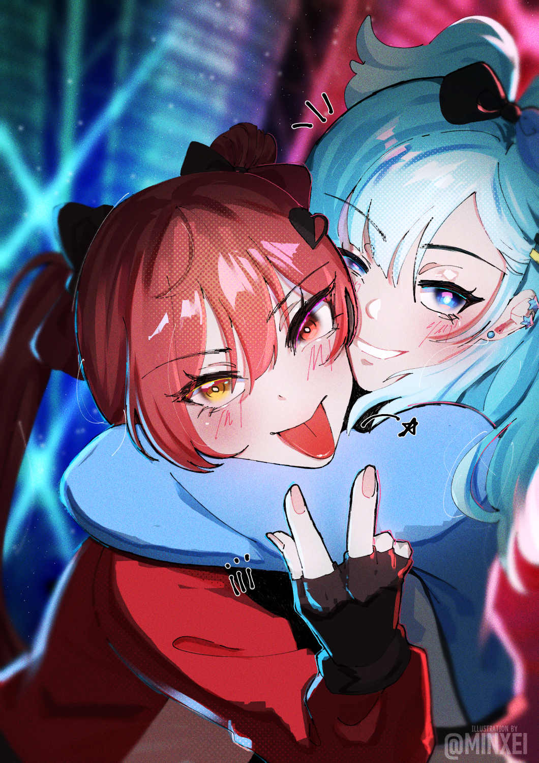 2girls, :p, black_gloves, blue_eyes, blue_hair, blush, earrings, fingerless_gloves