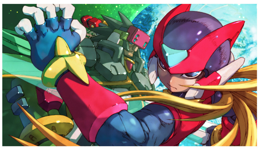 2boys, absurdres, android, archived_source, armor, blonde_hair, blue_eyes, capcom