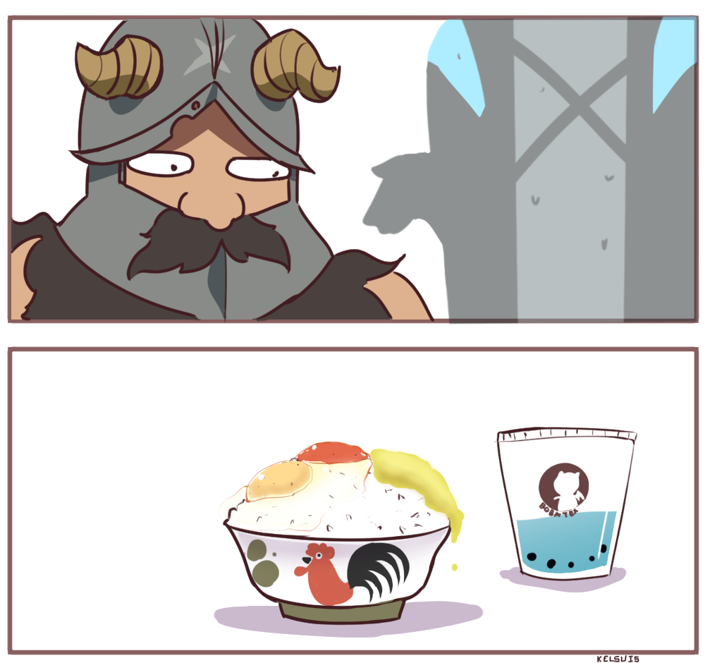 1boy, 1other, animal_print, arknights, beard, beard_over_mouth, bird, bowl, bubble_tea, chicken, crossover, doctor_(arknights), drink, dungeon_meshi, dwarf, egg_(food), facial_hair, fake_horns, food, helmet, horned_helmet, horns, kelsuis, long_beard, mustache, nervous_sweating, out_of_frame, rice, rice_bowl, roe, senshi_(dungeon_meshi), surprised, suspicious_egg_dish, sweat, sweatdrop, thick_mustache, very_long_beard