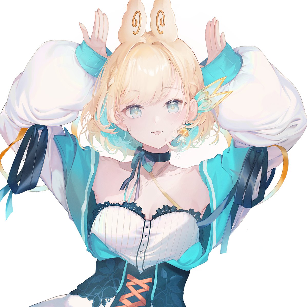 1girl, animal_ears, aqua_eyes, aqua_hair, aqua_jacket, blonde_hair, blue_ribbon, collarbone