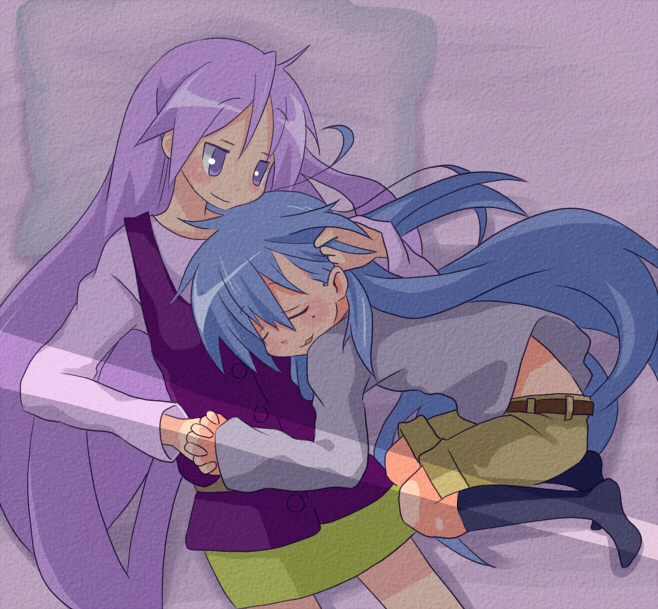 blue_eyes, blue_hair, closed_eyes, dorinko, hiiragi_kagami, holding_hands, interlocked_fingers, izumi_konata
