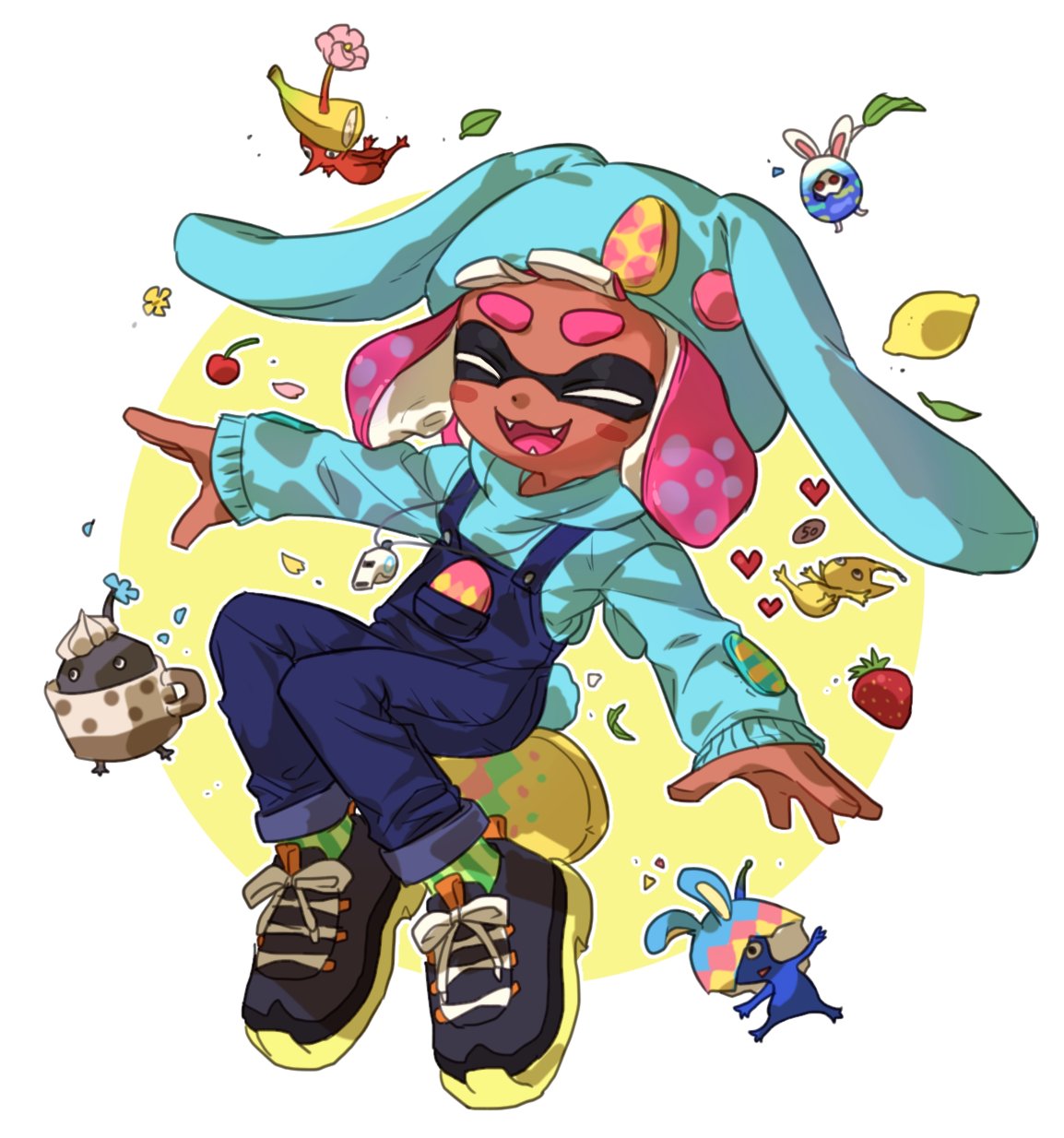 1girl, ^_^, aki_(gsl_9708), blue_overalls, blue_pikmin, border, cherry, closed_eyes, commentary_request, dark-skinned_female, dark_skin, food, fruit, heart, highres, ikki_(gsl_9708), korean_commentary, lemon, medium_hair, octoling, octoling_girl, octoling_player_character, open_mouth, outside_border, overalls, pikmin_(creature), pikmin_(series), pink_hair, red_pikmin, round_border, shoes, smile, solo, splatoon_(series), strawberry, tentacle_hair, thick_eyebrows, whistle, whistle_around_neck, white_border, yellow_pikmin