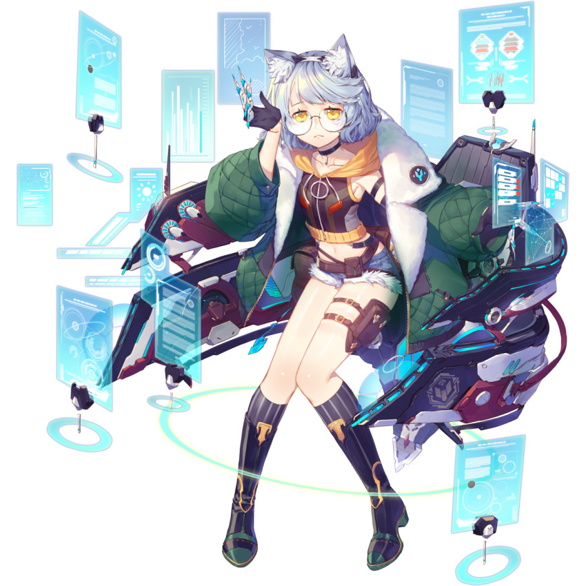 1girl, animal_ears, aqua_hair, artist_request, belt, belt_buckle, belt_pouch, black_choker