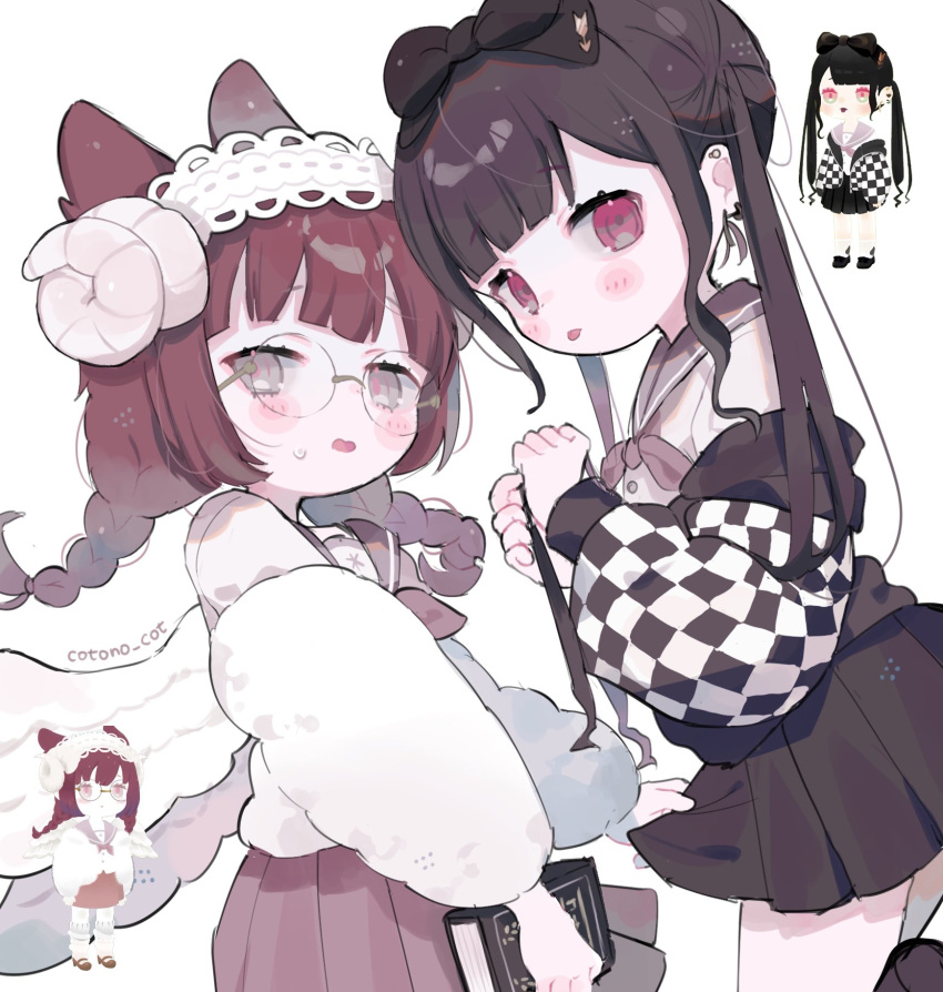 2girls, :p, artist_name, black_footwear, black_skirt, black_sweater, blunt_bangs, blush