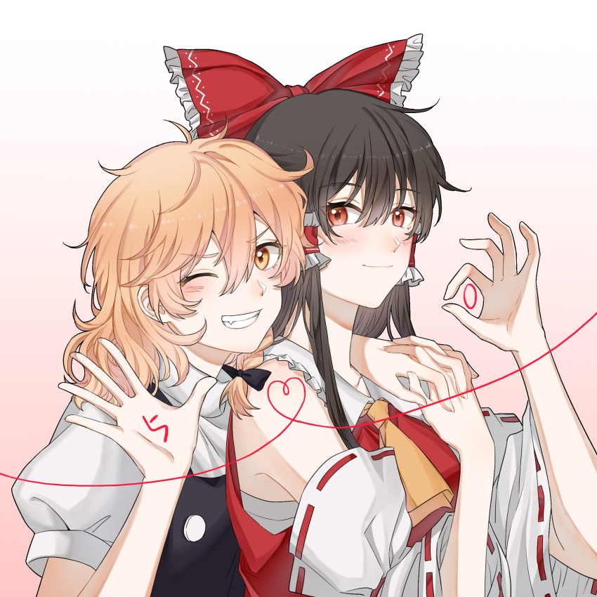 2girls, black_bow, black_jacket, blonde_hair, bow, brown_eyes, brown_hair, detached_sleeves