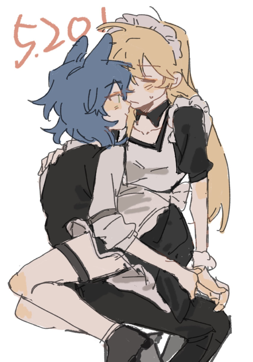 2girls, animal_ears, apron, black_dress, black_pants, black_vest, blonde_hair, blue_hair