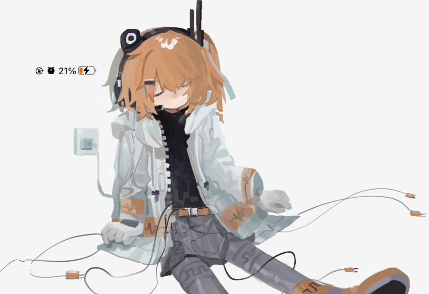 1girl, a.i._voice, adachi_rei, battery_indicator, belt, black_shirt, cable, charging_device