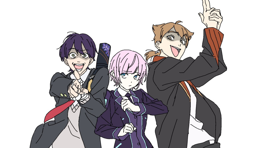 1girl, 2boys, ahoge, aiming, aiming_at_viewer, bag, black_jacket, black_necktie