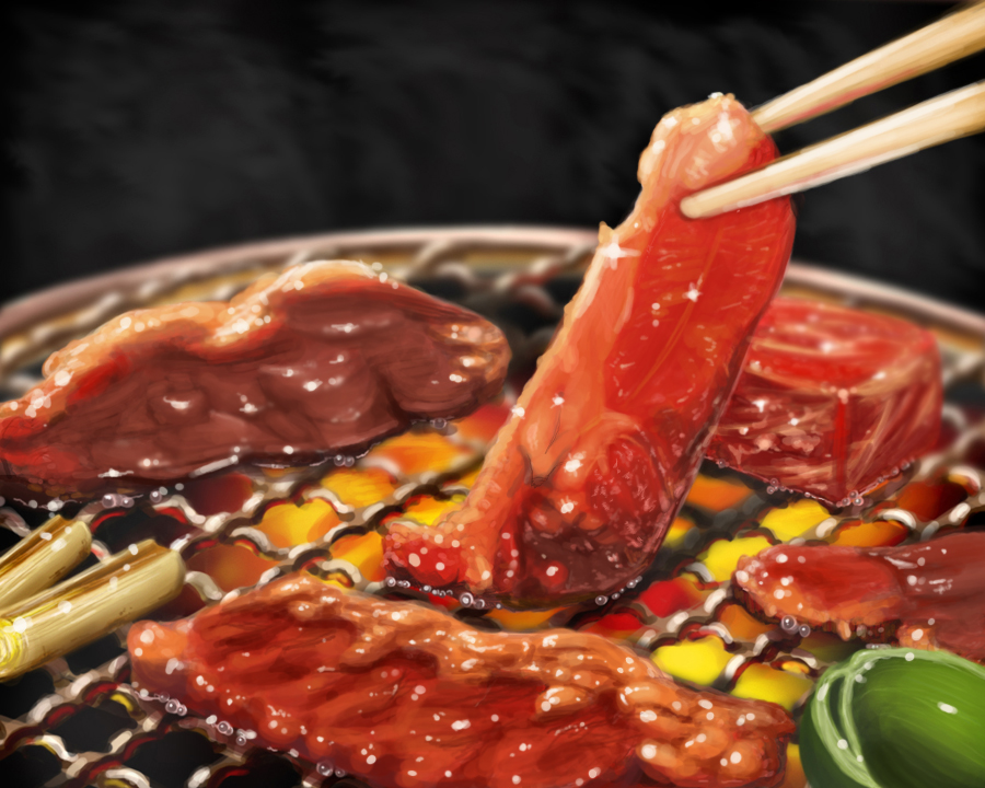 black_background, chopsticks, cooking, food, food_focus, grilling, no_humans, steam