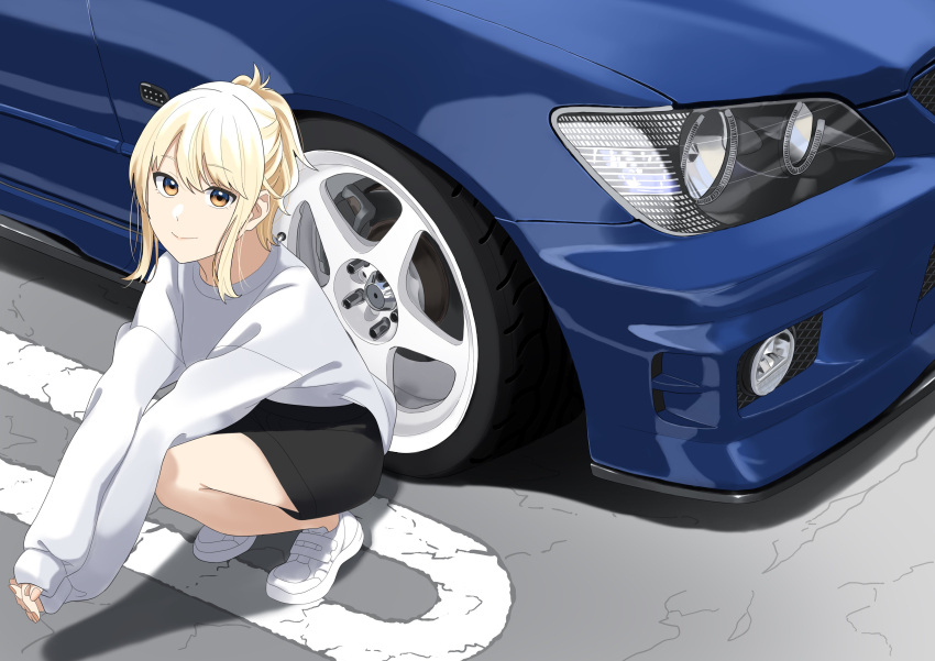 1girl, absurdres, black_shorts, blonde_hair, car, closed_mouth, highres, long_sleeves