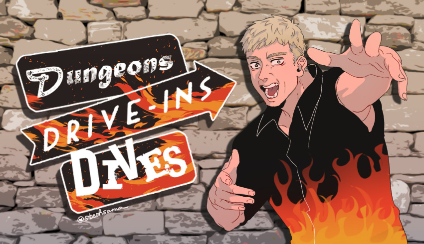 1boy, :o, brown_eyes, cosplay, diners_drive-ins_and_dives, dungeon_meshi, flame_print, guy_fieri, guy_fieri_(cosplay), hand_up, highres, isahnas, laios_touden, light_brown_hair, looking_at_viewer, male_focus, parody, short_sleeves, solo, title_parody, twitter_username