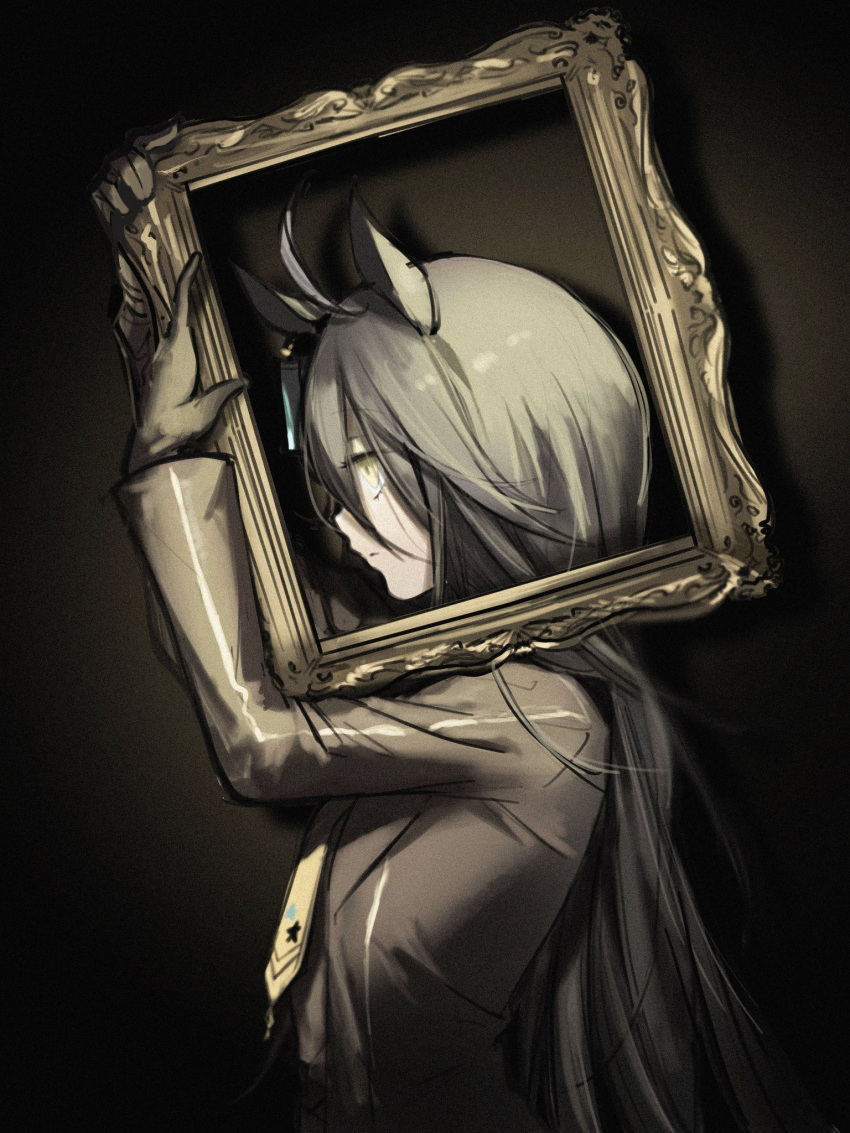 1girl, ahoge, animal_ears, awata_(awatav), black_coat, black_gloves, black_hair, coat