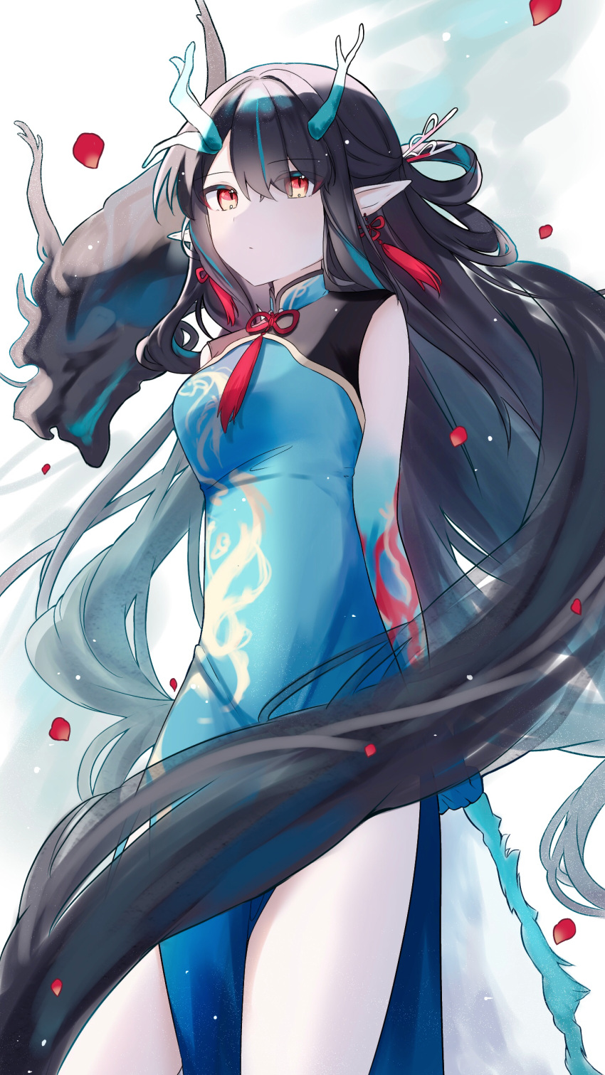 1girl, absurdres, aqua_dress, arknights, black_hair, china_dress, chinese_clothes, dragon_girl