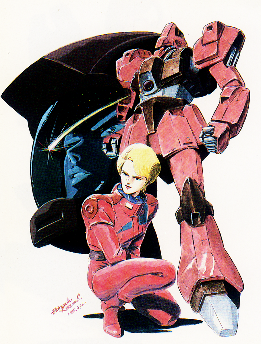 1985, 1girl, blonde_hair, dated, dual_persona, galbaldy_beta, gundam, helmet