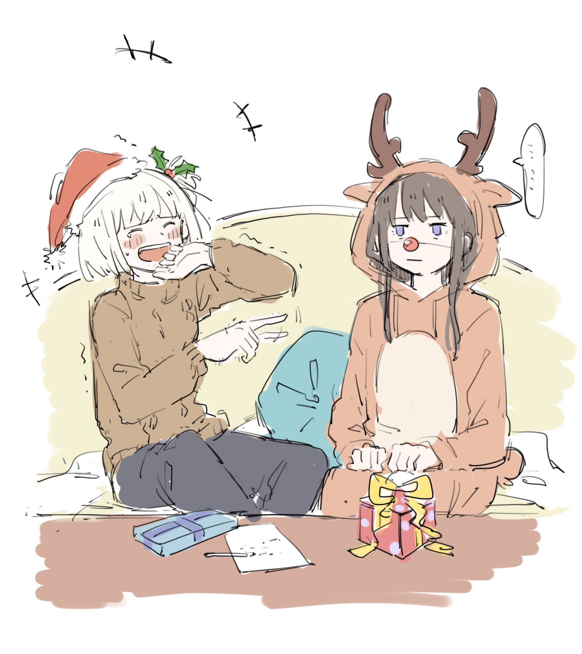 ..., 2girls, animal_costume, antlers, aran_sweater, black_pants, blonde_hair, box
