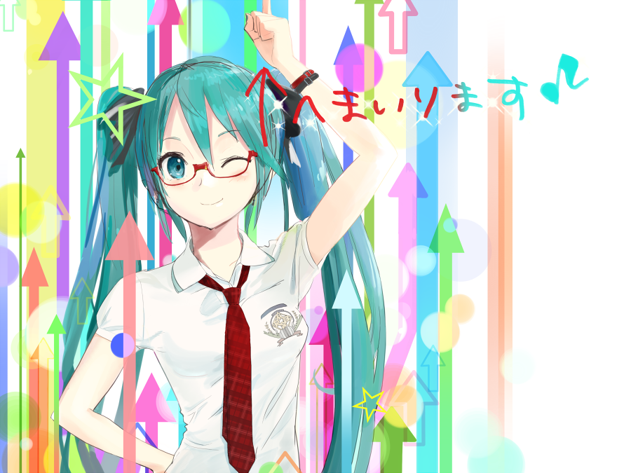 alternate_costume, aqua_eyes, aqua_hair, arm_up, bad_id, bespectacled, directional_arrow, glasses