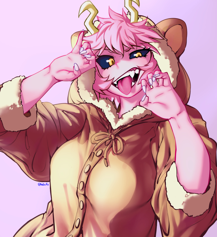 1girl, absurdres, artist_name, ashido_mina, black_sclera, boku_no_hero_academia, breasts, claw_pose, colored_sclera, colored_skin, fangs, fingernails, hhholic, highres, looking_at_viewer, medium_breasts, onesie, orange_eyes, pink_hair, pink_skin, purple_background, sharp_fingernails, short_hair, smile, solo, tongue, tongue_out, upper_body, white_nails