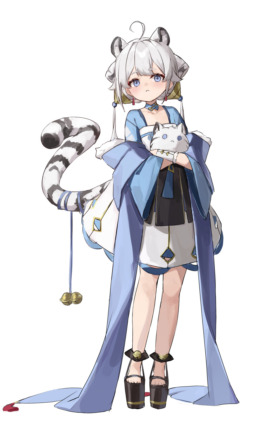 1girl, absurdres, ahoge, animal, animal_ears, bell, black_footwear, blue_eyes