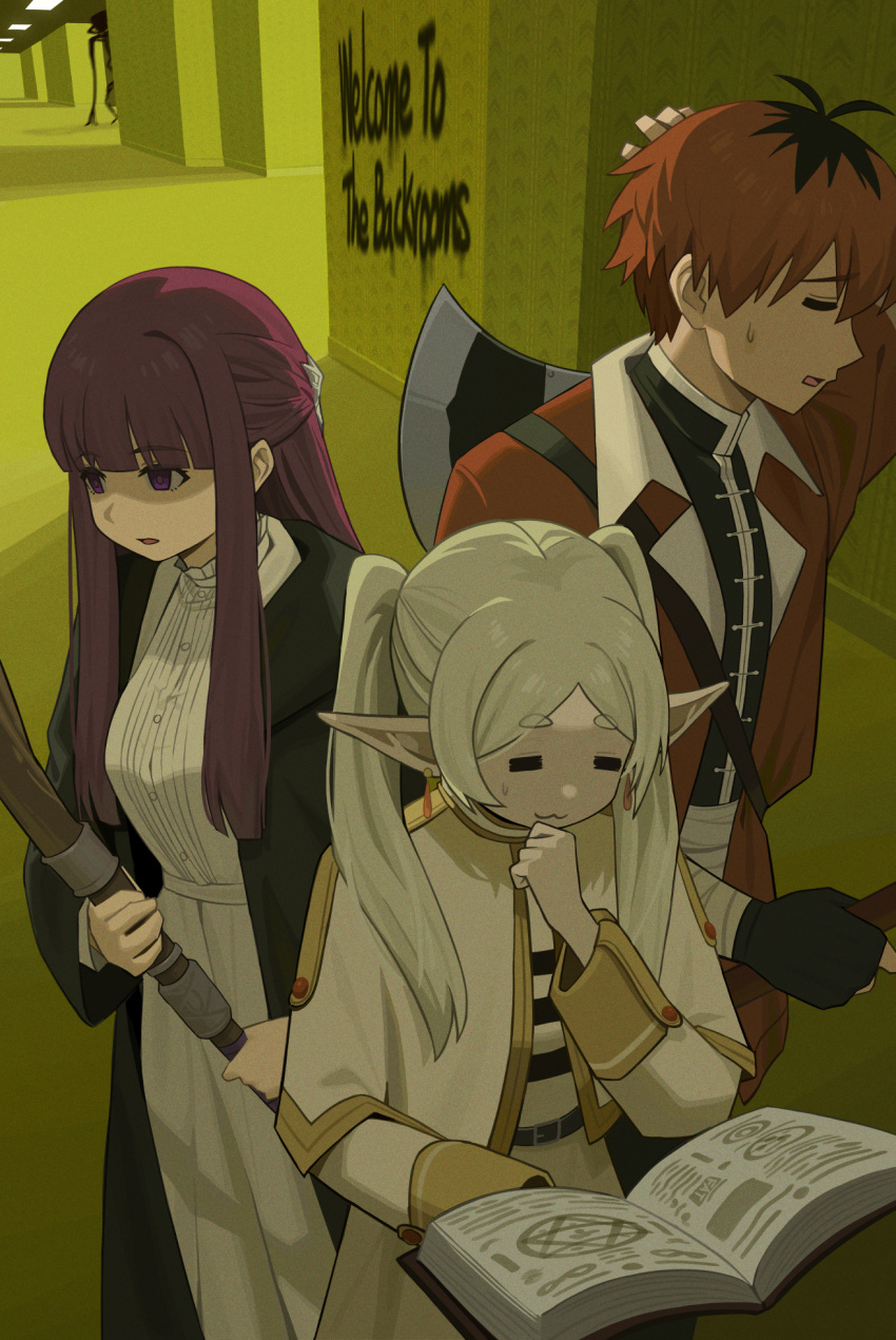 1boy, 2girls, axe, backrooms_(creepypasta), bacteria_(backrooms), book, breasts, closed_eyes, crossover, elf, fatzhai, fern_(sousou_no_frieren), fingerless_gloves, frieren, gloves, graffiti, grimoire, hallway, highres, holding, holding_book, holding_staff, monster, multiple_girls, open_mouth, pointy_ears, purple_hair, reading, redhead, sousou_no_frieren, staff, stark_(sousou_no_frieren), twintails, violet_eyes, white_hair