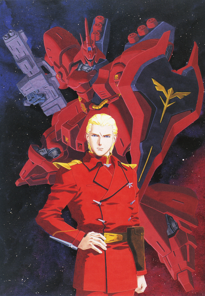 1990s_(style), 1boy, beam_rifle, belt, blonde_hair, blue_eyes, char's_counterattack, char_aznable