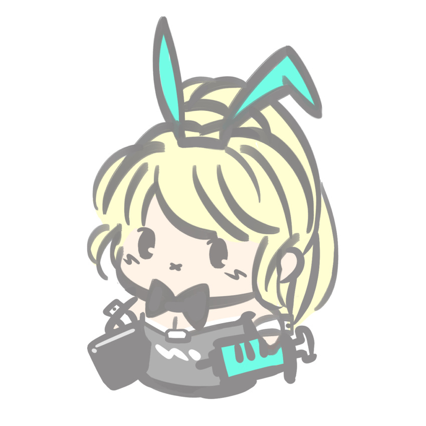 1girl, animal_ears, blonde_hair, bow, bowtie, buegnahrnc9m9lh, chibi, gyee, highres, long_hair, looking_to_the_side, mercy_(gyee), playboy_bunny, rabbit_ears, simple_background, solo, syringe, upper_body, white_background, wristband