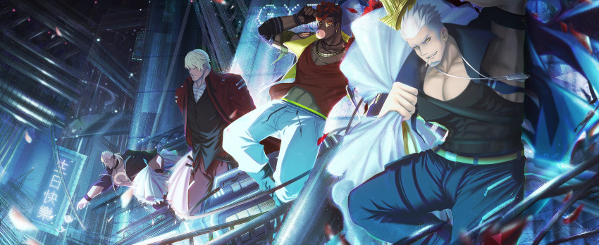 4boys, abs, armband, armpits, bandages, bidziil_(gyee), black_nails, blonde_hair, bouquet, bubble, buegnahrnc9m9lh, buzz_cut, chewing_gum, cigarette, city, city_lights, cityscape, coat, covered_nipples, dark_skin, denim, ear_piercing, elbow_gloves, fingerless_gloves, gaar_(gyee), gloves, gyee, highres, holding, holding_bouquet, jacket, jeans, jewelry, large_pectorals, looking_at_viewer, male_focus, manly, mature_male, miles_(gyee), multicolored_hair, multiple_boys, muscular, muscular_male, necklace, nemesio_(gyee), nipples, open_clothes, open_jacket, outdoors, pants, pectorals, piercing, scar, science_fiction, shirt, short_hair, smirk, smoking, spread_legs, sunglasses, tank_top, tattoo, teeth, very_short_hair, white_hair, yellow_eyes