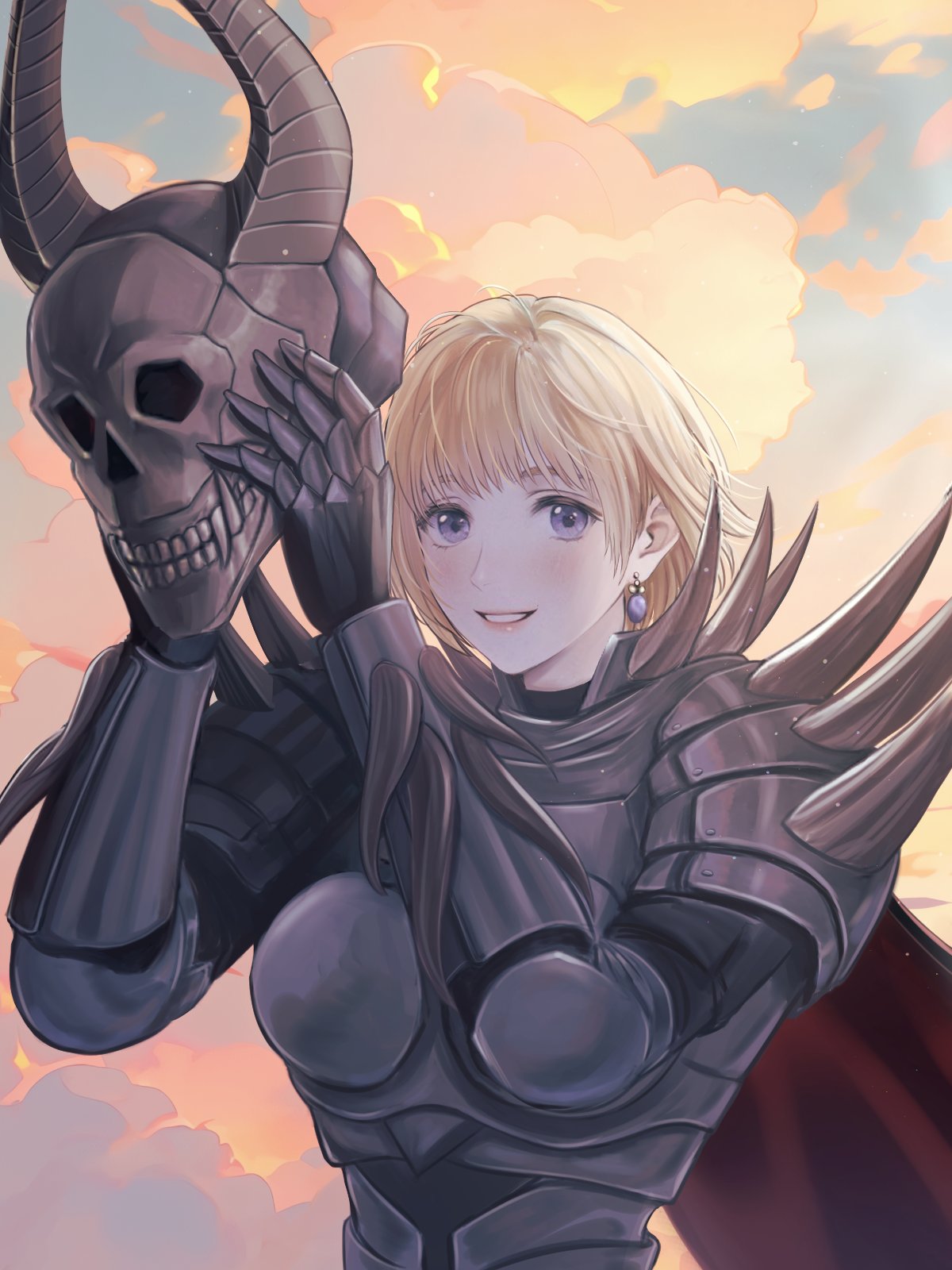 1girl, armor, blonde_hair, blue_eyes, cape, clouds, cosplay, death_knight_(fire_emblem)