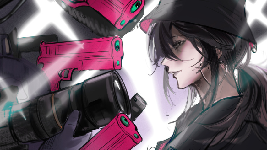 1girl, black_eyes, black_hair, black_hat, boom_microphone, camera, camera_flash, chinese_commentary