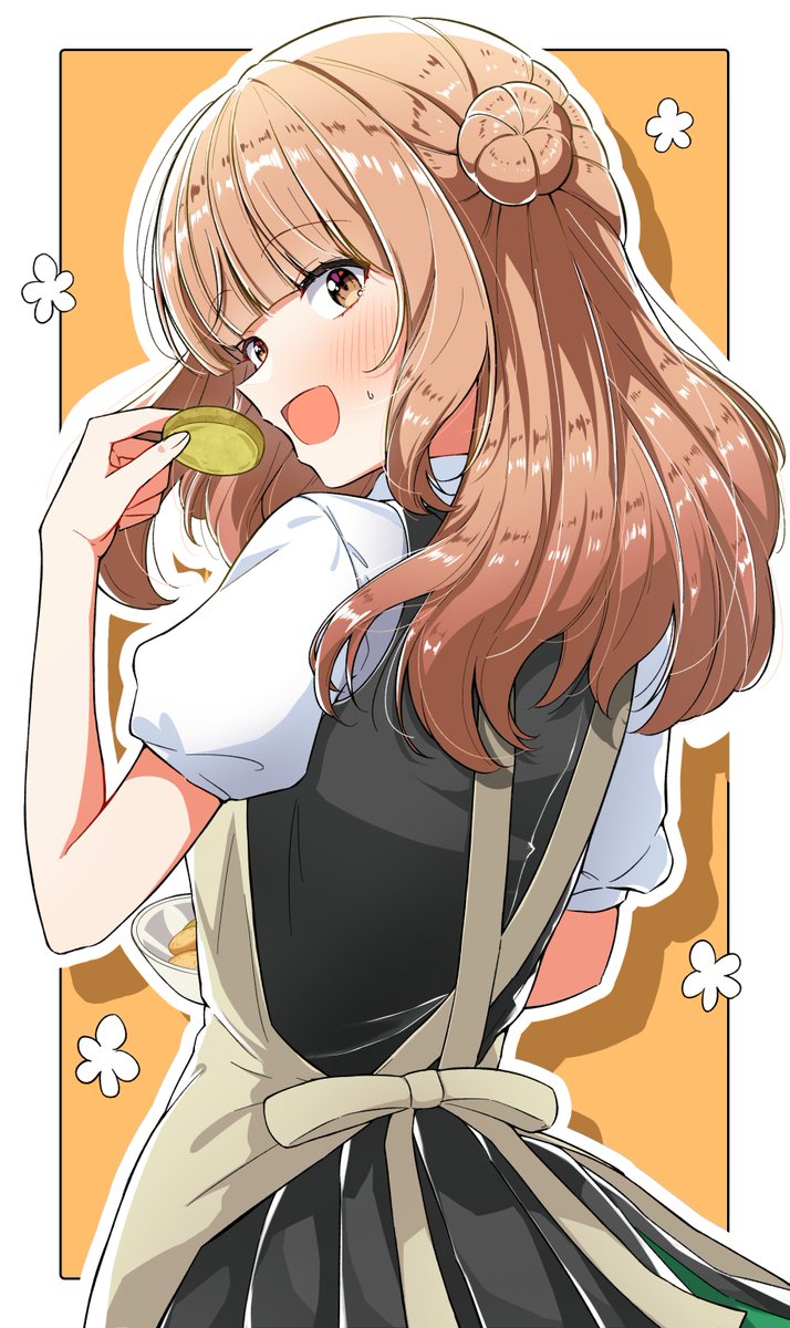 1girl, apron, black_dress, blush, border, brown_eyes, commentary_request, dress, food, from_behind, hair_bun, highres, holding, holding_food, long_hair, looking_at_viewer, looking_back, open_mouth, orange_hair, pinafore_dress, rio_beginner, sasayaku_you_ni_koi_wo_utau, satomiya_momoka, shirt, short_sleeves, single_side_bun, sleeveless, sleeveless_dress, smile, solo, sweatdrop, upper_body, white_border, white_shirt, yellow_background