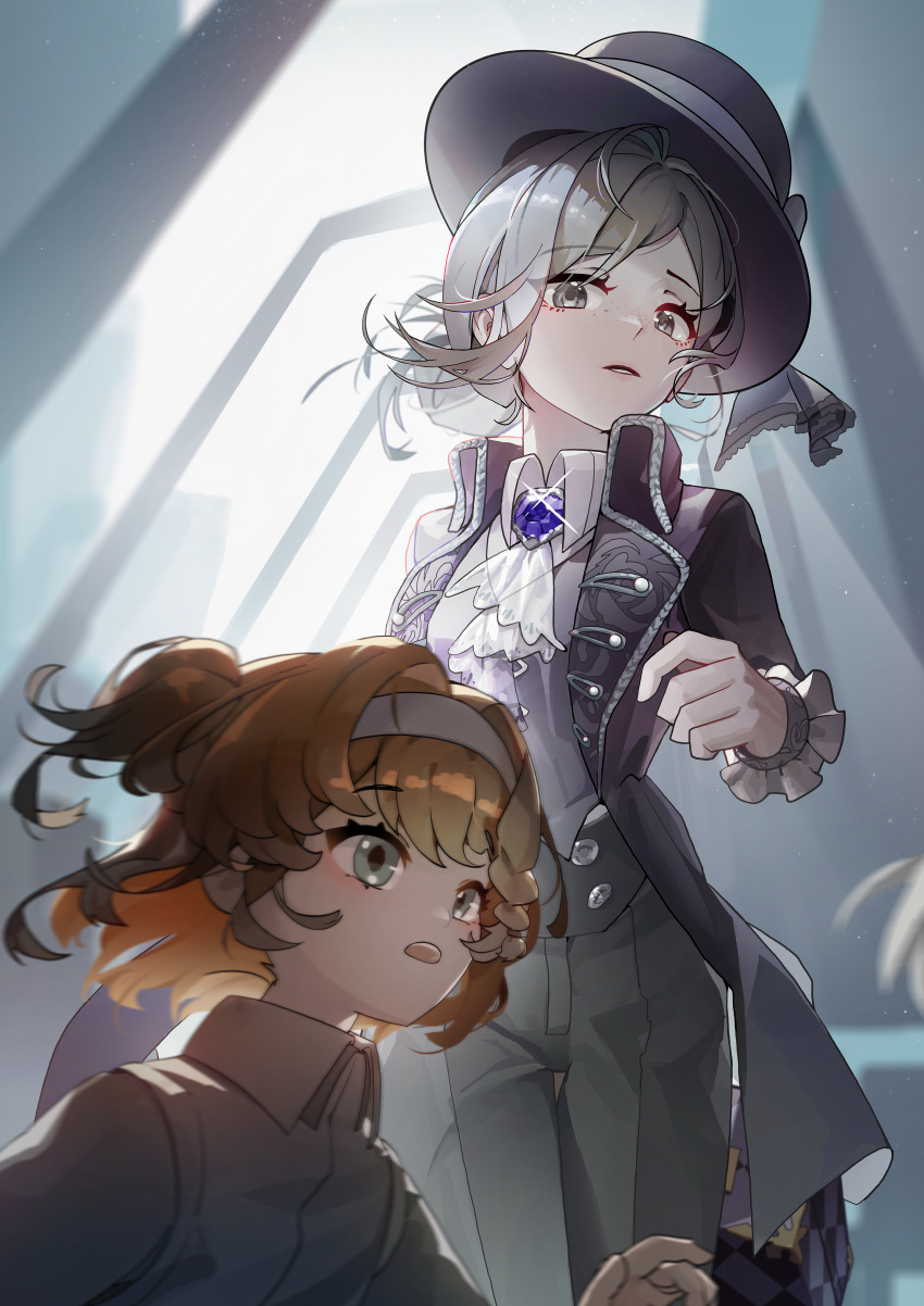 2girls, :o, absurdres, aged_down, ascot, backlighting, black_coat, black_hat