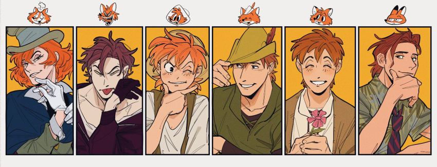 6+boys, black_gloves, blue_cape, br'er_fox_(disney), brown_hair, brown_hat, brown_jacket, brown_vest