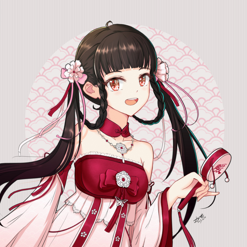 1girl, :d, bare_shoulders, black_hair, braid, braided_hair_rings, brown_eyes, chinese_clothes