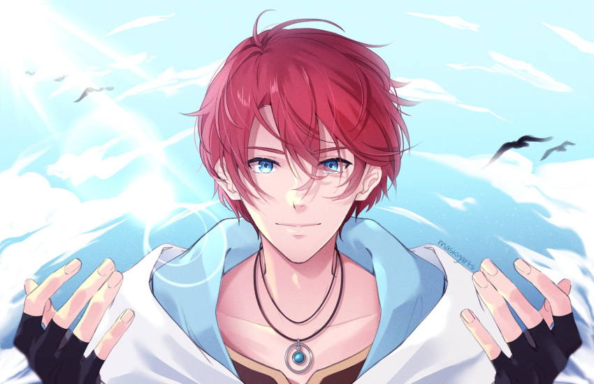 1boy, adol_christin, ahoge, artist_name, bird, black_gloves, blue_eyes, blue_sky