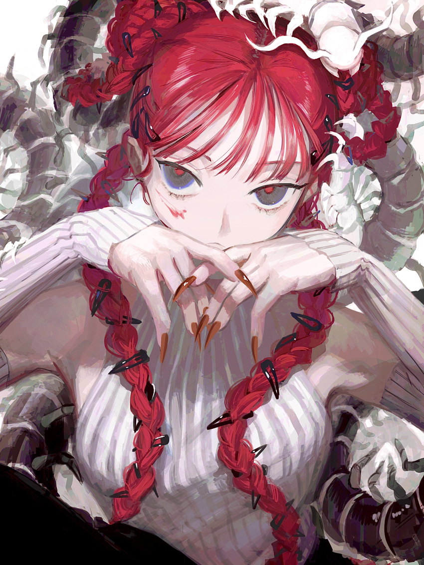 1girl, absurdres, bare_shoulders, blue_eyes, breasts, bug, centipede, commentary