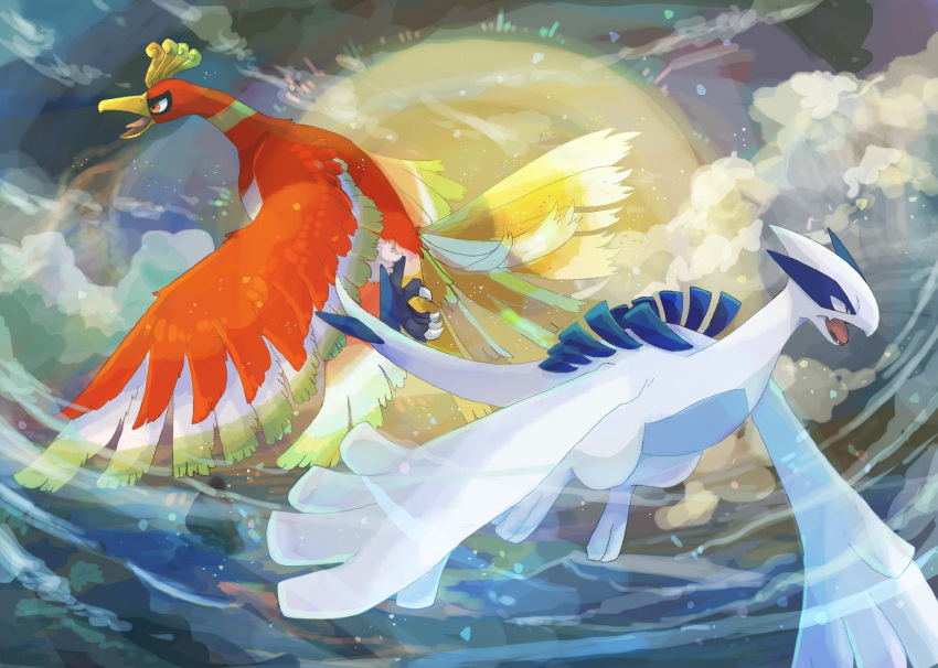 animal_focus, black_eyes, bright_pupils, clouds, fang, flying, full_moon, highres