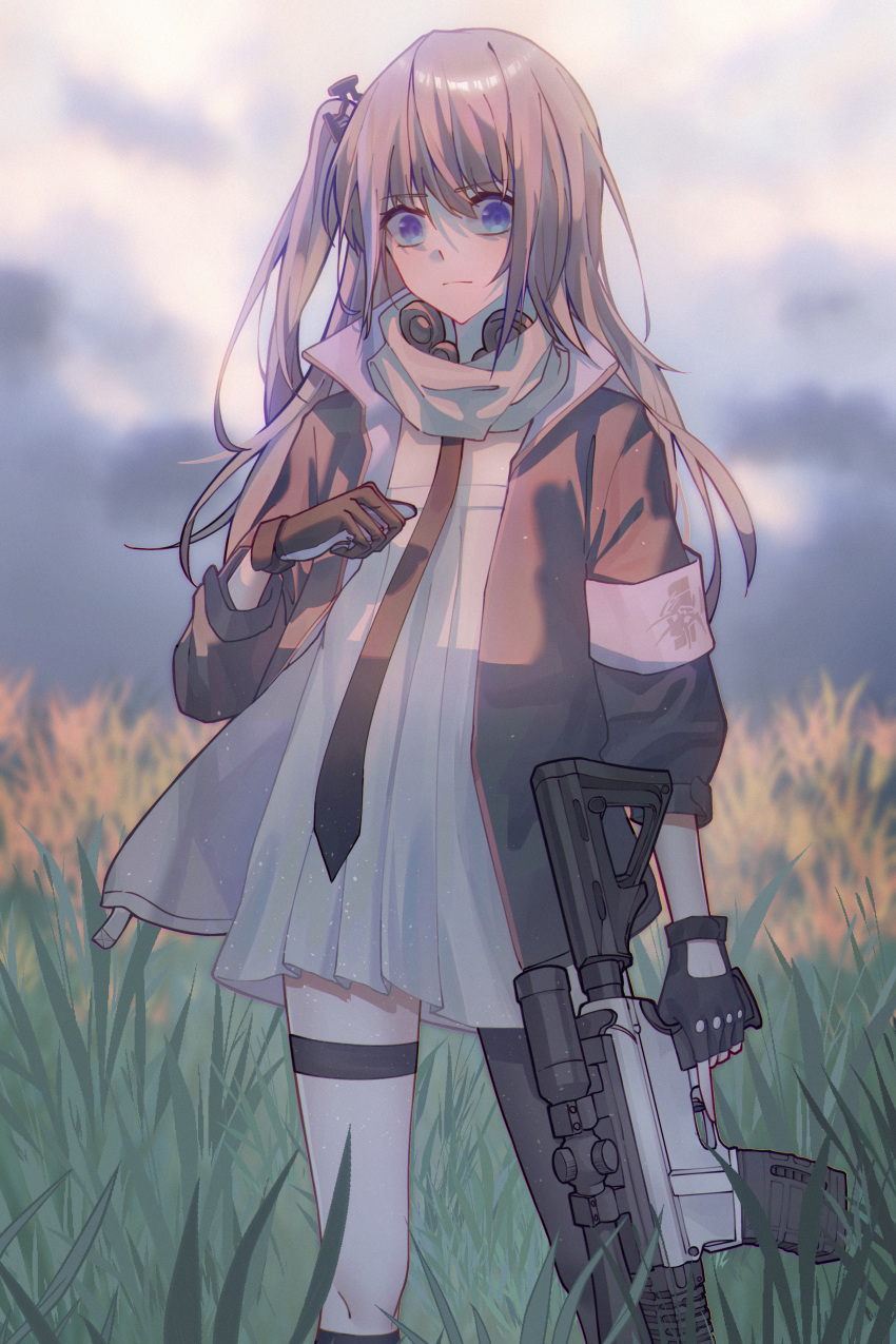 1girl, absurdres, ar-15, asymmetrical_gloves, black_gloves, black_jacket, black_necktie, black_thighhighs