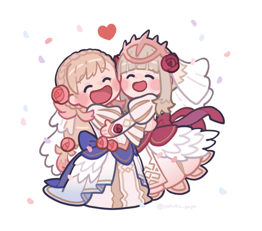 2girls, blonde_hair, blush, bridal_veil, bride, closed_eyes, commentary_request, dress