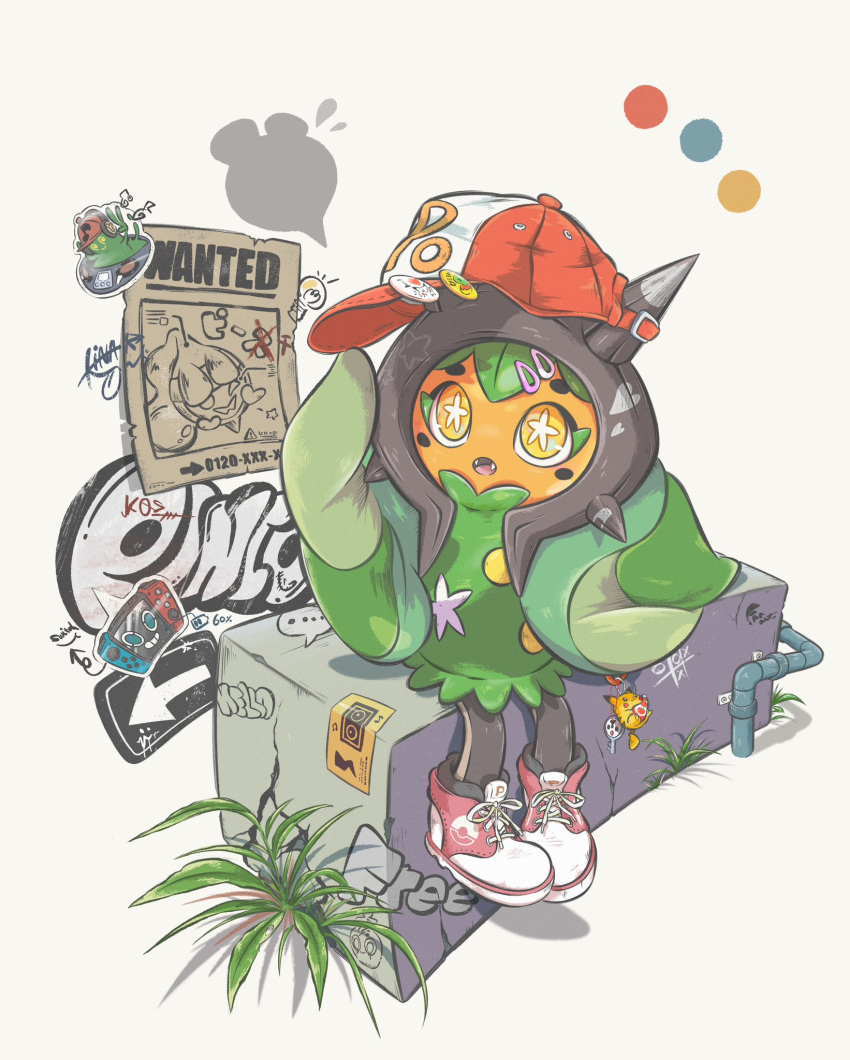 baseball_cap, clothed_pokemon, color_guide, commentary_request, fangs, floating, flower-shaped_pupils, graffiti